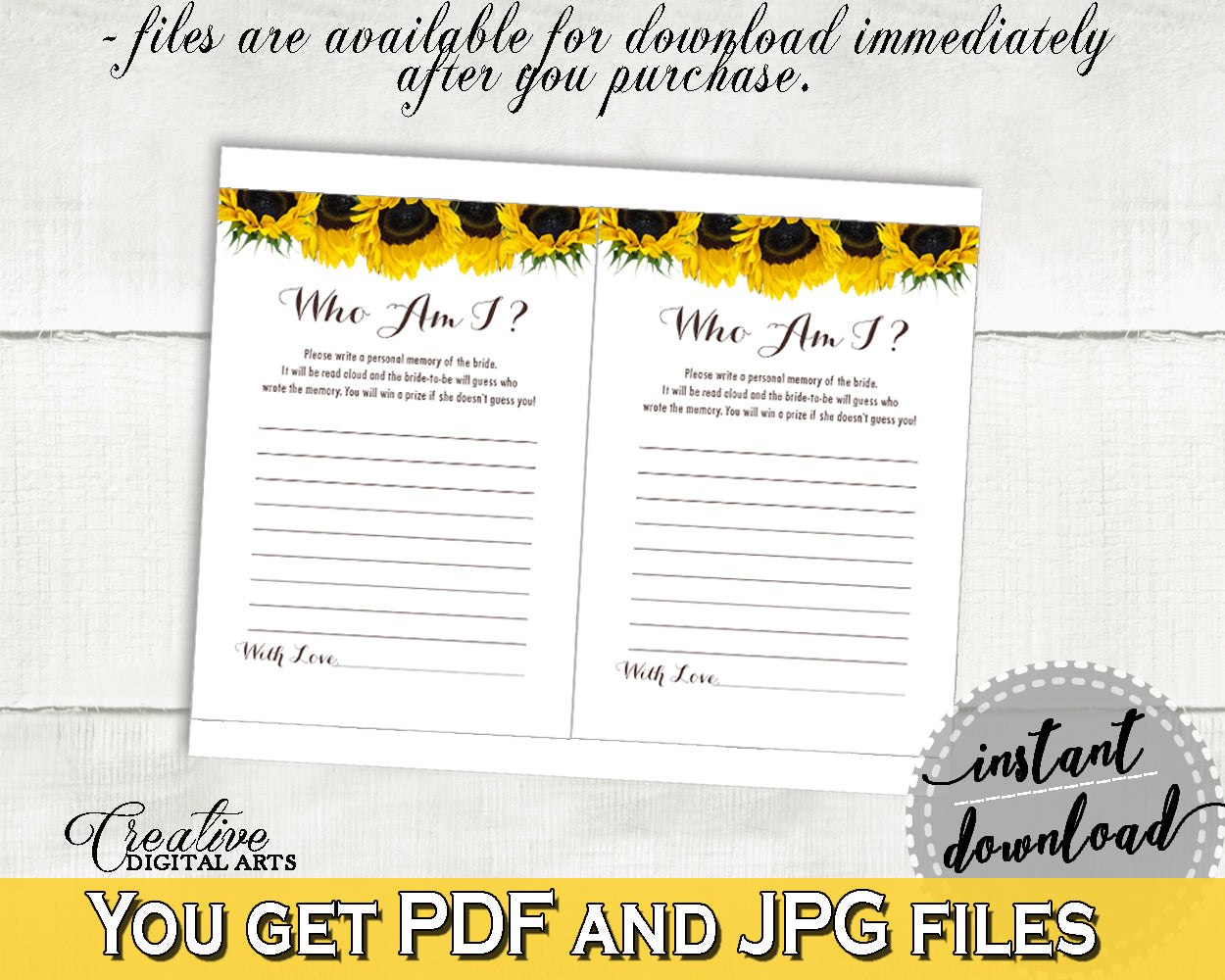 Who Am I Bridal Shower Game, Printable Sunflower Bridal Shower Activity, Sunflower Who Am I Game Yellow White Printable Bridal Summer SSNP1