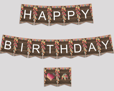 Wild One Happy Birthday Banner, Feathers Birthday Party Banner, Printable Brown Green Banner Letters for Boy Girl, LQES5