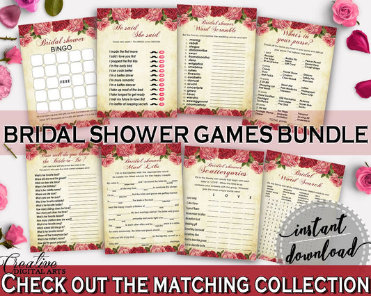 Games Bridal Shower Games Vintage Bridal Shower Games Bridal Shower Vintage Games Red Pink digital download, instant download, pdf XBJK2 - Digital Product