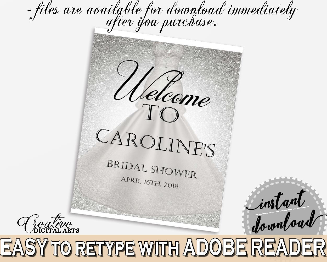 Bridal Shower Welcome Sign Editable in Silver Wedding Dress Bridal Shower Silver And White Theme, editable greetings, party theme - C0CS5 - Digital Product