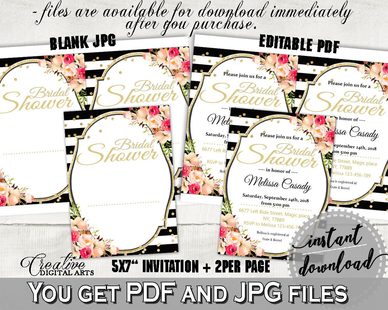 Black And Gold Flower Bouquet Black Stripes Bridal Shower Theme: Editable Bridal Shower Invitation - edit yourself invite, prints - QMK20 - Digital Product