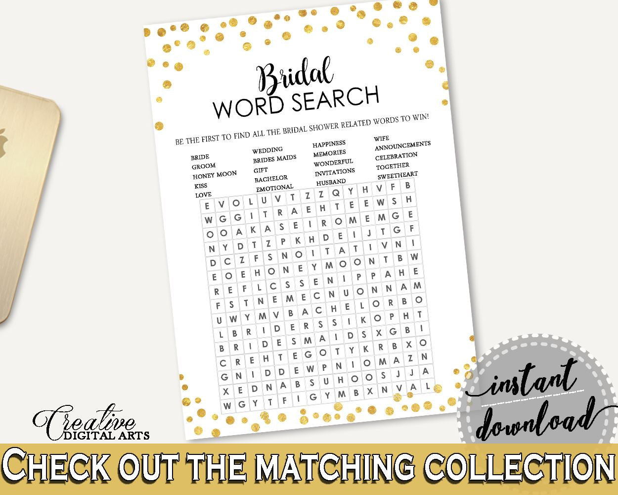 Word Search Bridal Shower Word Search Confetti Bridal Shower Word Search Bridal Shower Confetti Word Search Gold White party theme CZXE5 - Digital Product