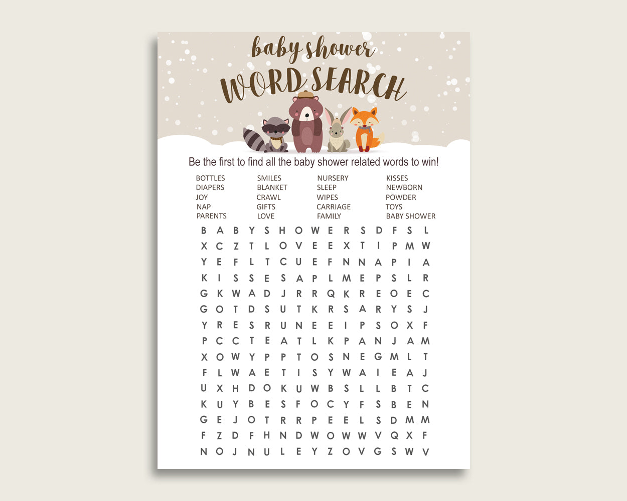 Winter Woodland Word Search Game, Beige Brown Baby Shower Word Search Cards Printable, Gender Neutral Baby Shower Activities, Hidden RM4SN