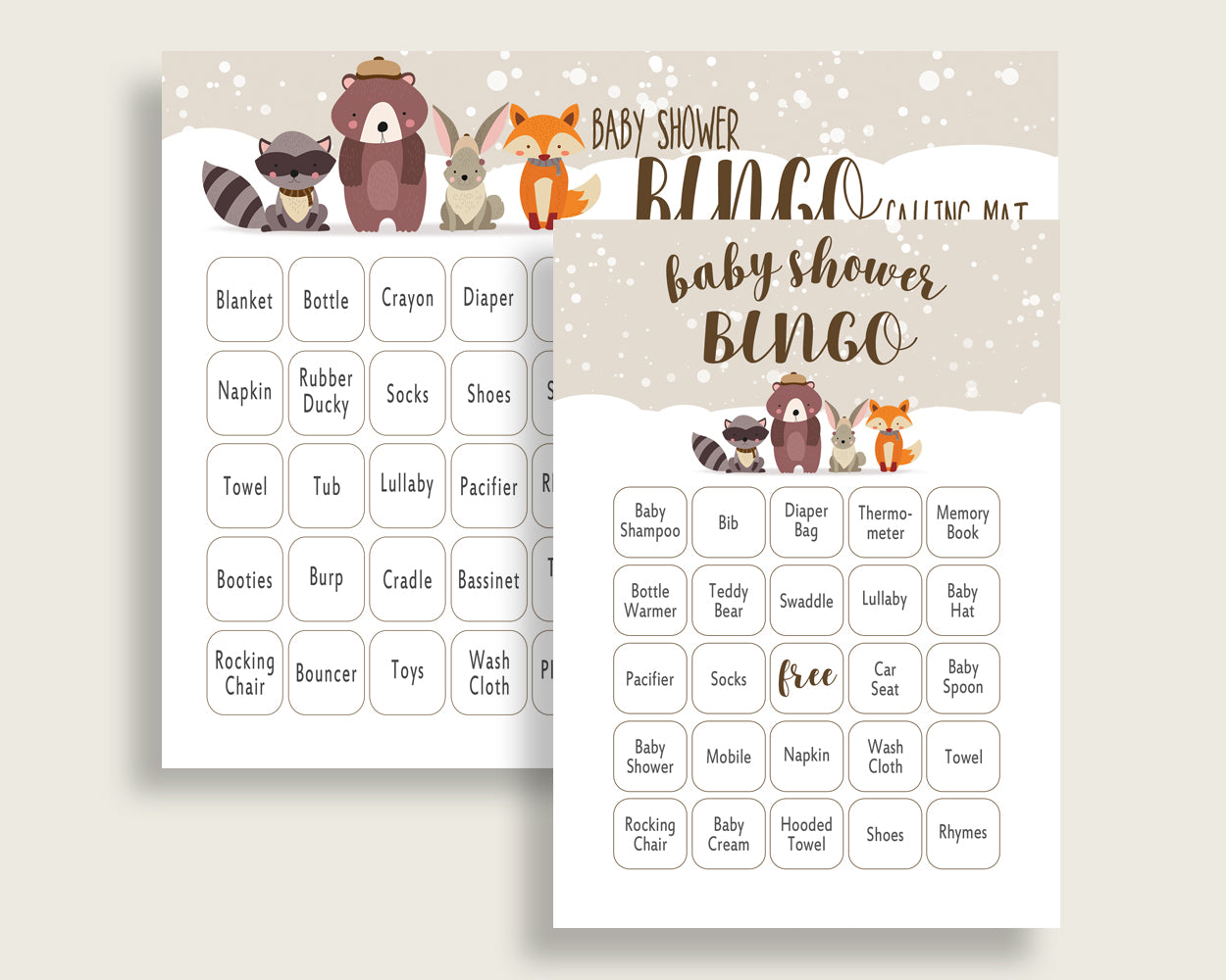 Winter Woodland Baby Shower Bingo Cards Printable, Beige Brown Baby Shower Gender Neutral, 60 Prefilled Bingo Game Cards, Animals Snow RM4SN