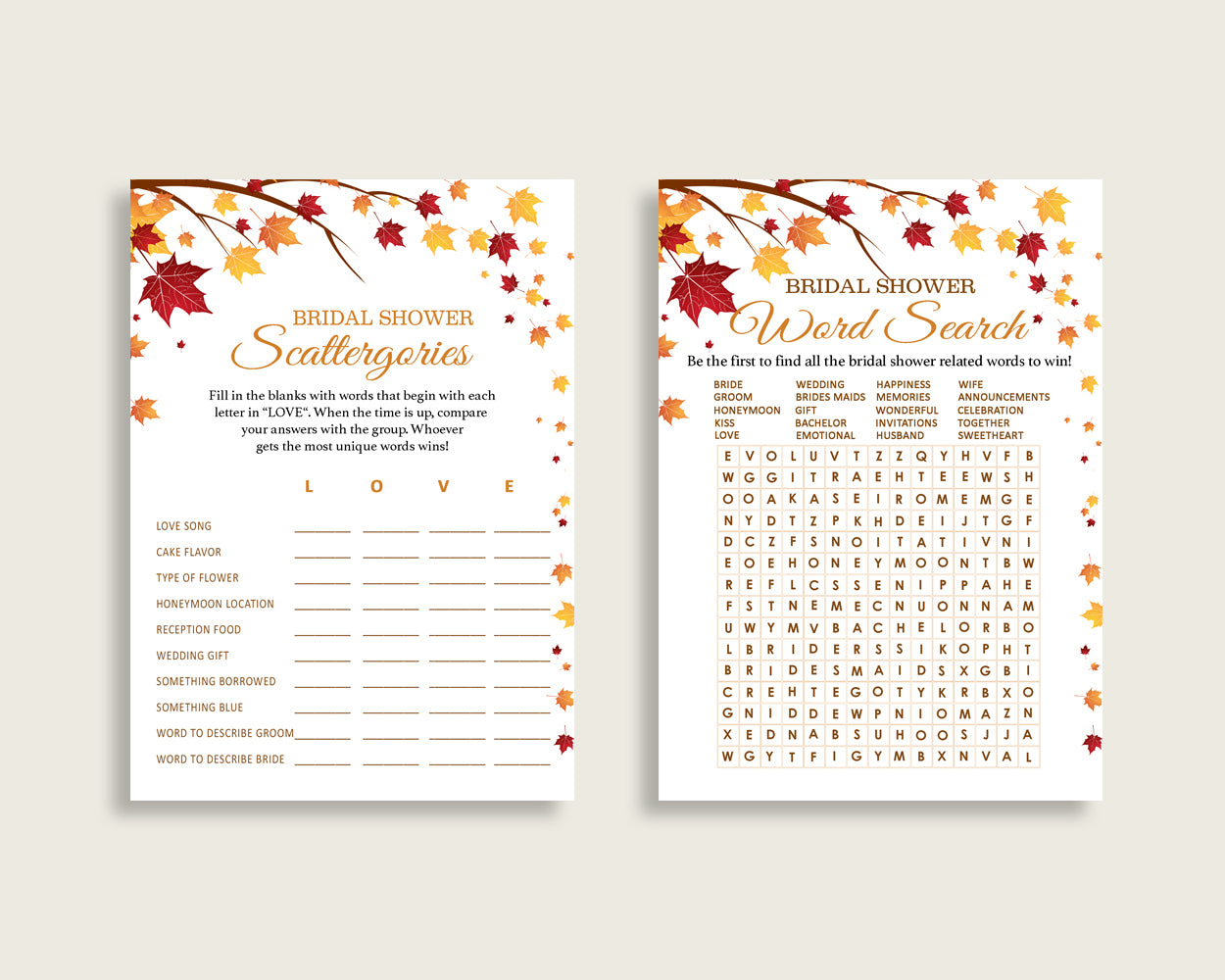 Games Bridal Shower Games Fall Bridal Shower Games Bridal Shower Autumn Games Brown Yellow digital print printables pdf jpg YCZ2S