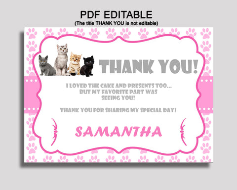 Cat Thank You Card Cat Birthday Thank You Pink White Editable Cat Printable Thank You Girl INHA8