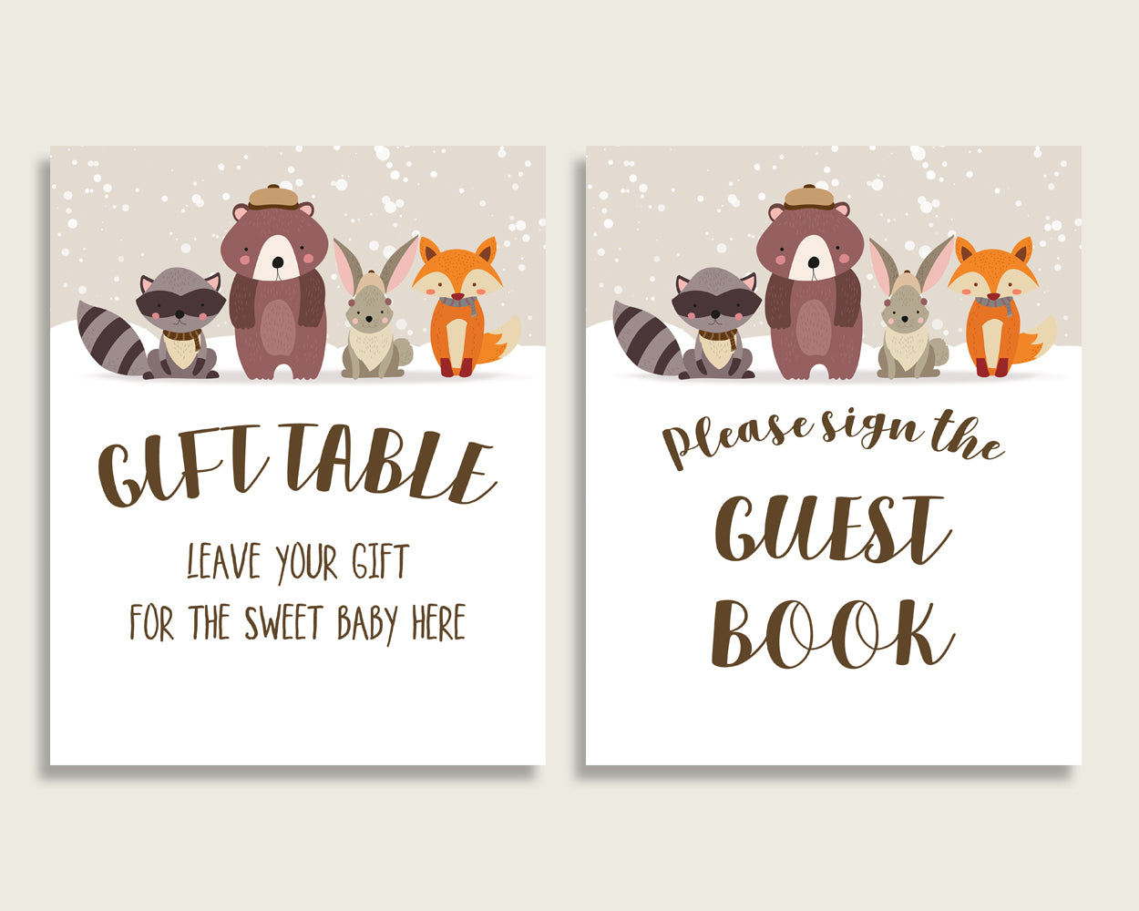 Winter Woodland Baby Shower Gender Neutral Table Signs Printable, Beige Brown Party Table Decor, Favors, Food, Drink, Treat, Guest RM4SN