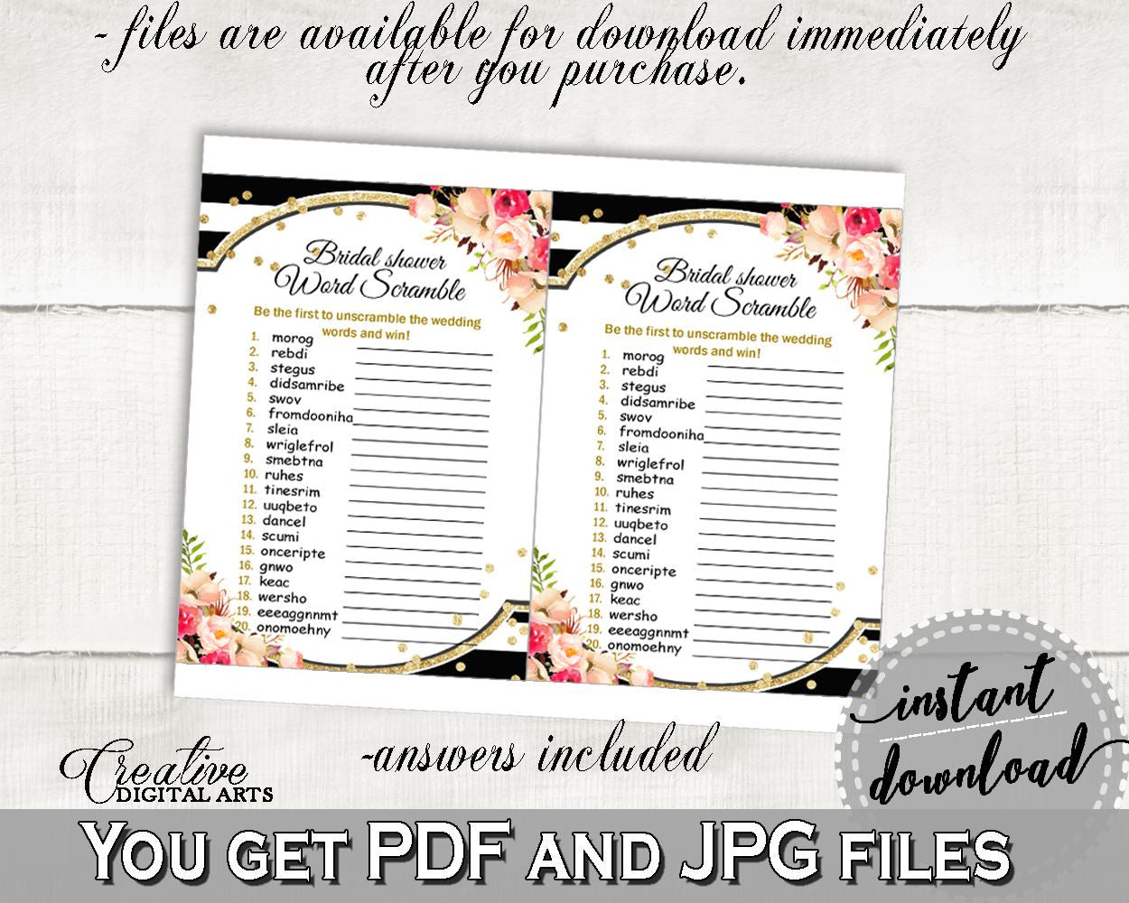 Word Scramble in Flower Bouquet Black Stripes Bridal Shower Black And Gold Theme, unscramble, avantgarde bridal, printables, prints - QMK20 - Digital Product