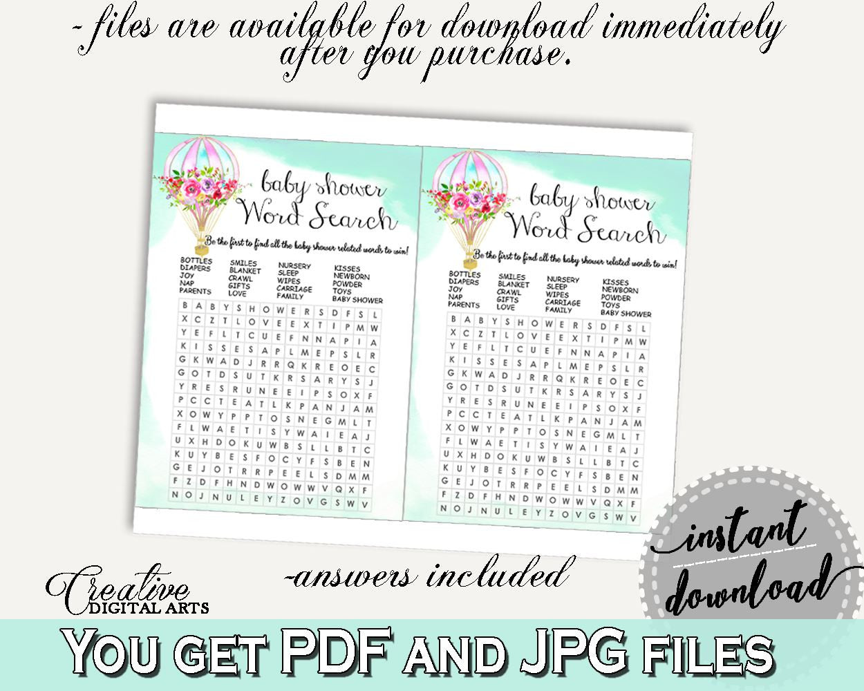 Word Search Baby Shower Word Search Hot Air Balloon Baby Shower Word Search Baby Shower Hot Air Balloon Word Search Green Pink prints CSXIS - Digital Product