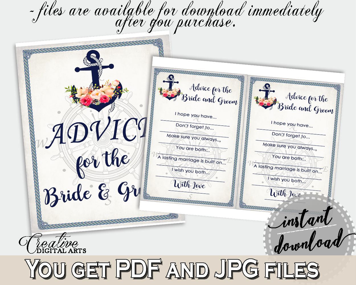 Nautical Anchor Flowers Bridal Shower Advice For The Bride And Groom in Navy Blue, wedding stationary, party stuff, party planning - 87BSZ - Digital Product