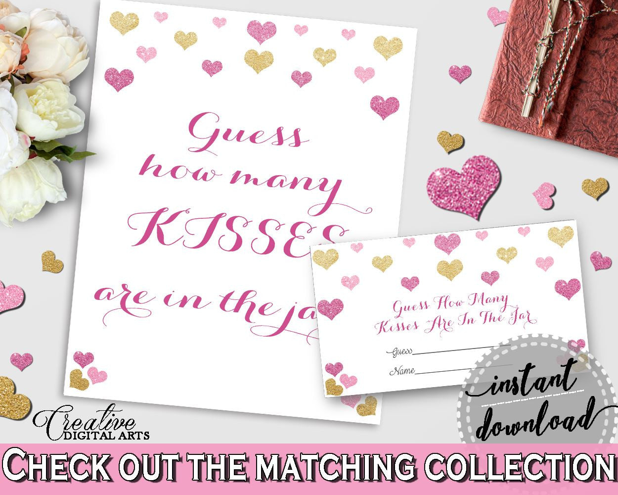 Guess How Many Kisses Game in Glitter Hearts Bridal Shower Gold And Pink Theme, guess how many, glitter bridal, digital download - WEE0X - Digital Product