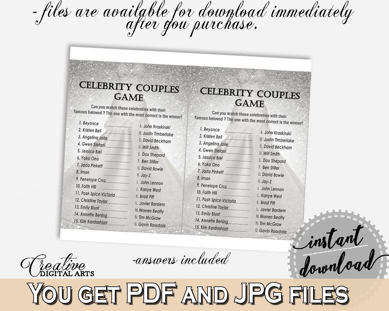 Silver And White Silver Wedding Dress Bridal Shower Theme: Celebrity Couples Game - matching name game, bridal dress, pdf jpg - C0CS5 - Digital Product