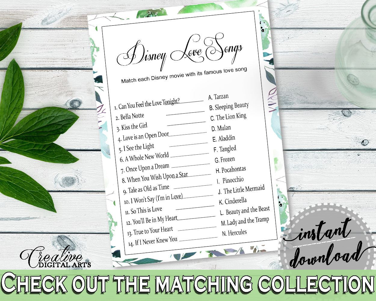 Disney Love Songs Game Bridal Shower Disney Love Songs Game Botanic Watercolor Bridal Shower Disney Love Songs Game Bridal Shower 1LIZN - Digital Product