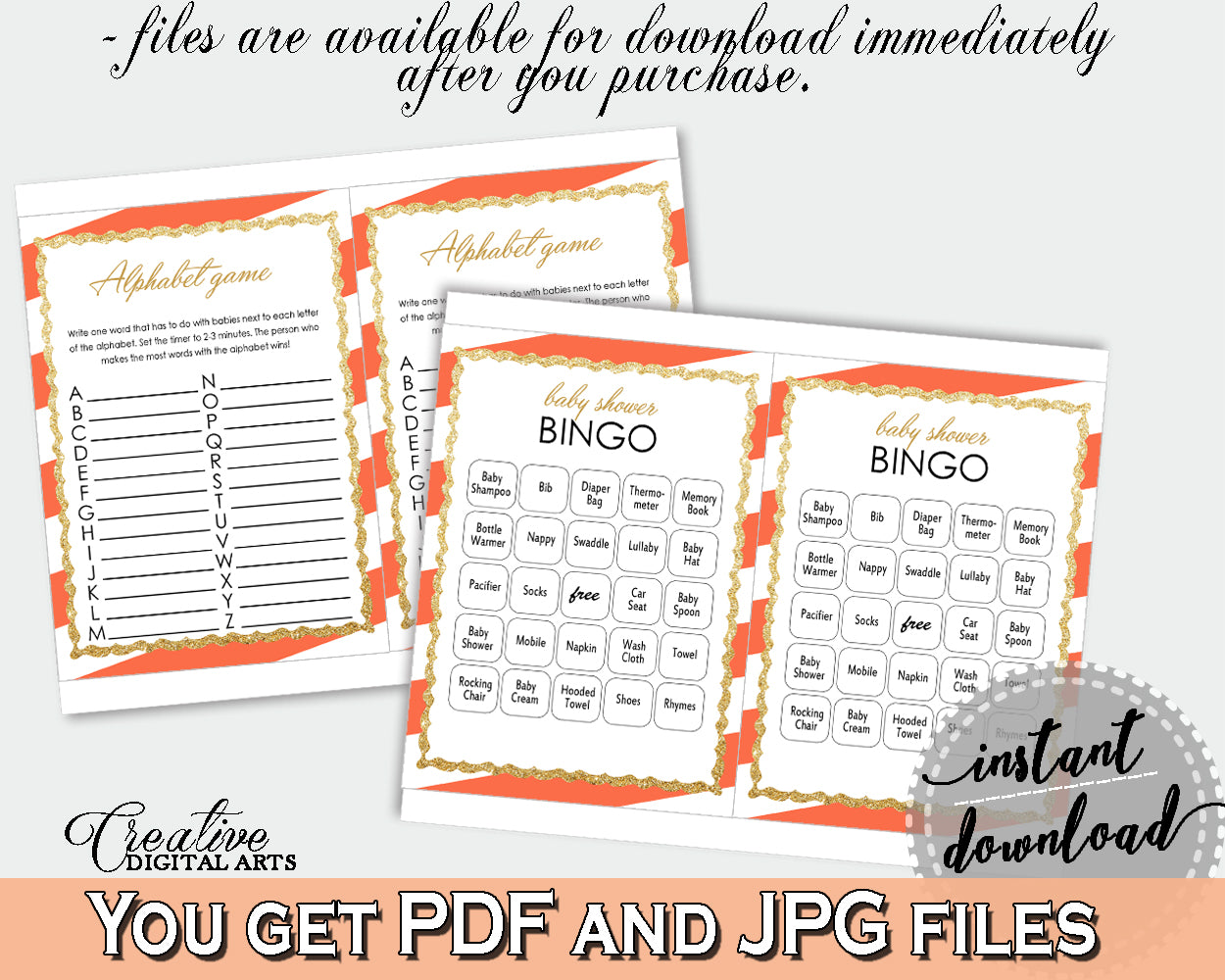 8 Orange Baby Shower games, Invitation Editable, gender neutral shower prints, baby shower games stripes, pdf jpg - Instant Download - bs003