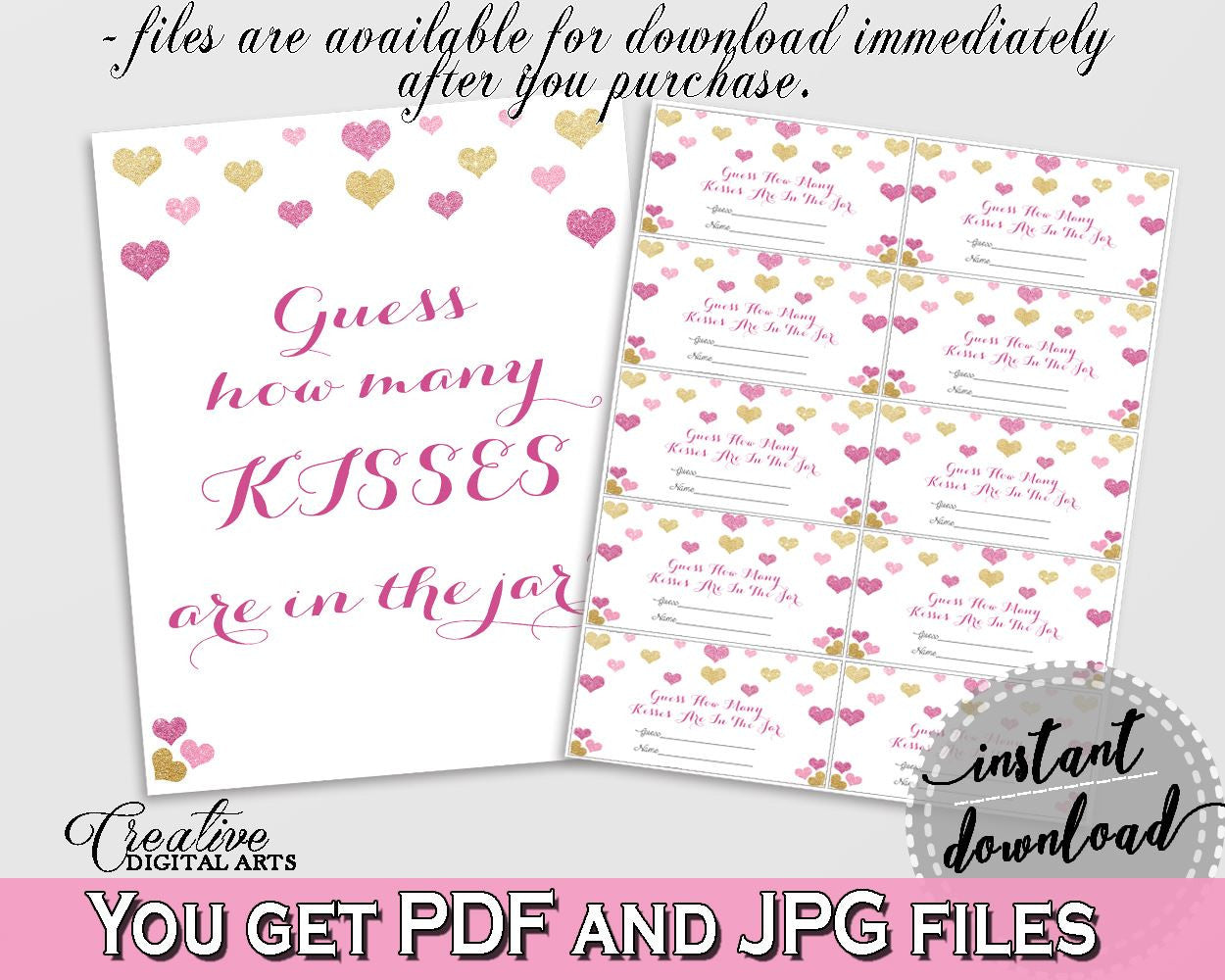 Guess How Many Kisses Game in Glitter Hearts Bridal Shower Gold And Pink Theme, guess how many, glitter bridal, digital download - WEE0X - Digital Product