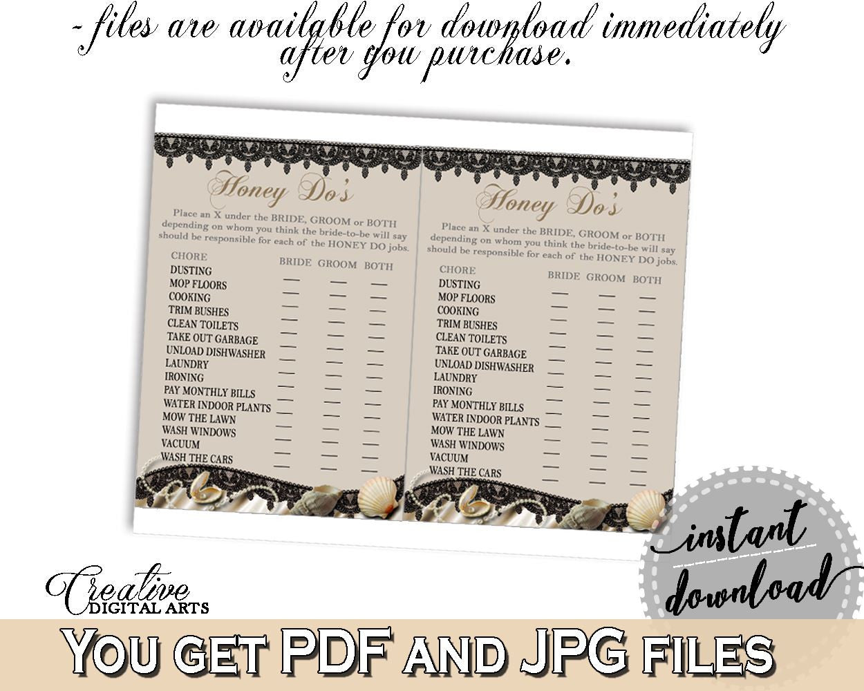 Honey Do List in Seashells And Pearls Bridal Shower Brown And Beige Theme, beloved game, black lace, shower activity, party theme - 65924 - Digital Product