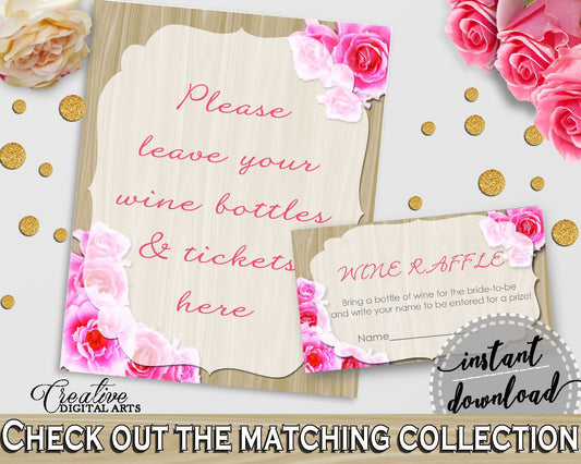 Wine Raffle in Roses On Wood Bridal Shower Pink And Beige Theme, wine party, light bridal shower, shower activity, paper supplies - B9MAI - Digital Product