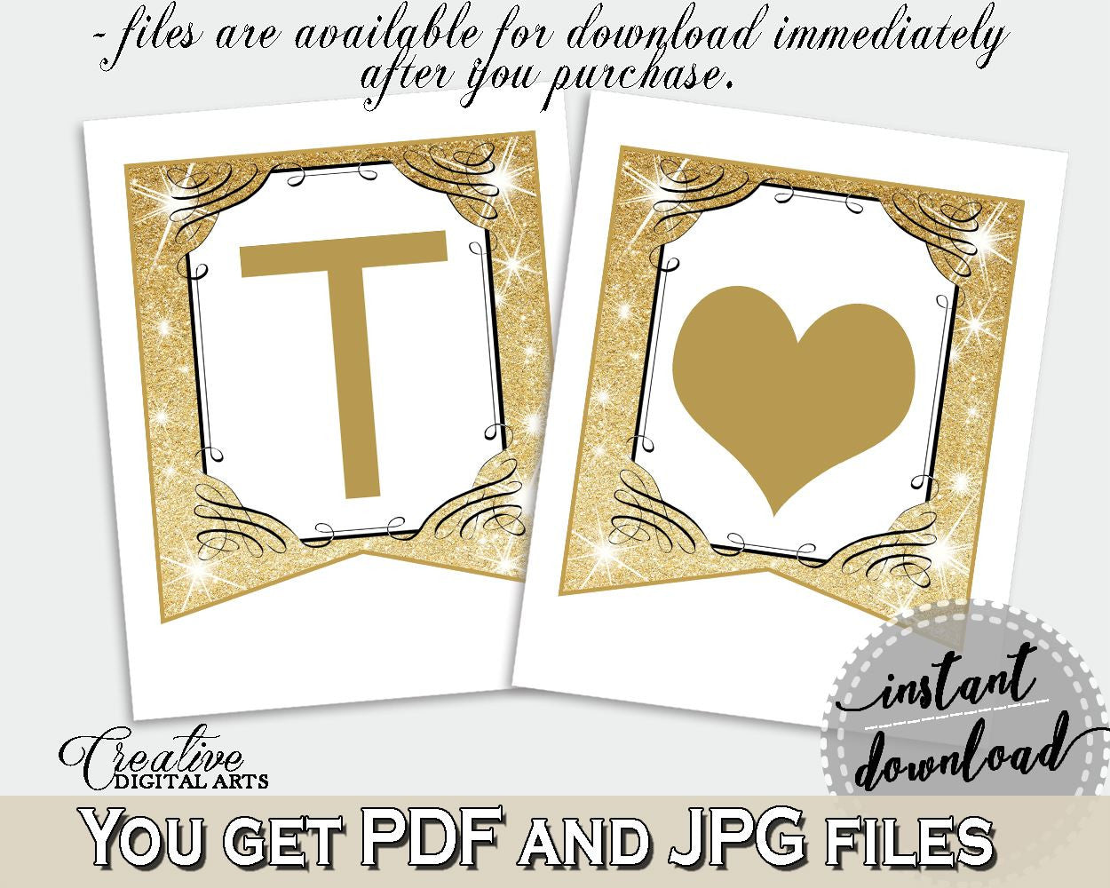 Banner in Glittering Gold Bridal Shower Gold And Yellow Theme, decor all letters, gold and glitter, digital download, pdf jpg - JTD7P - Digital Product