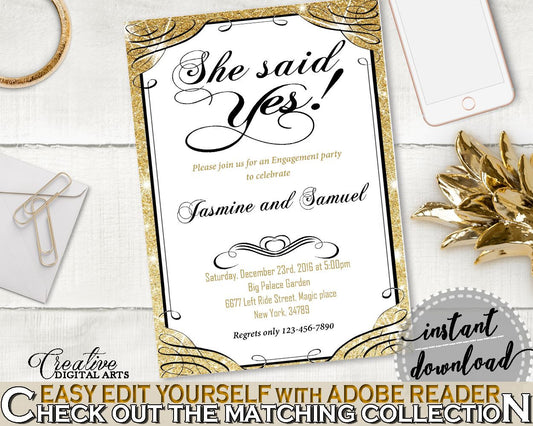 She Said Yes Invitation Editable in Glittering Gold Bridal Shower Gold And Yellow Theme, shower invite, shine shower, party ideas - JTD7P - Digital Product