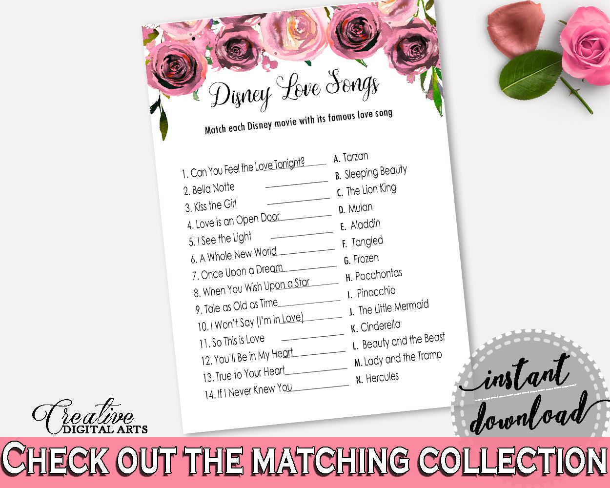 Disney Love Songs Game Bridal Shower Disney Love Songs Game Floral Bridal Shower Disney Love Songs Game Bridal Shower Floral Disney BQ24C - Digital Product