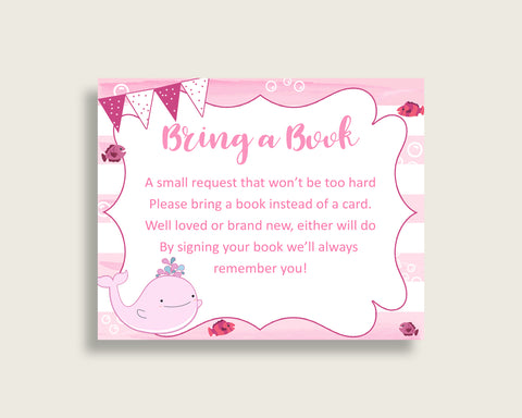 Pink Whale Baby Shower Bring A Book Insert Printable, Girl Pink White Book Request, Pink Whale Books For Baby, Book Instead Of Card, wbl02