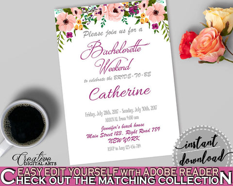 White And Pink Watercolor Flowers Bridal Shower Theme: Bachelorette Weekend Invitation Editable - participation, party plan - 9GOY4 - Digital Product