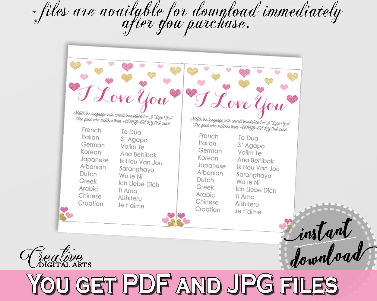 Gold And Pink Glitter Hearts Bridal Shower Theme: I Love You Game - multilingual game,  affection shower, shower activity, prints - WEE0X - Digital Product