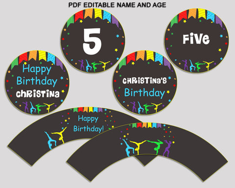 Printable Gymnastics Cupcake Wrapper Gymnastics Birthday Toppers Rainbow Black Birthday Pics Girl QKROL