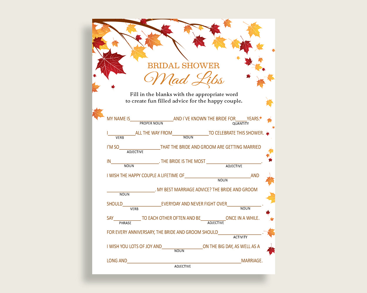 Mad Libs Bridal Shower Mad Libs Fall Bridal Shower Mad Libs Bridal Shower Autumn Mad Libs Brown Yellow digital print party decor YCZ2S