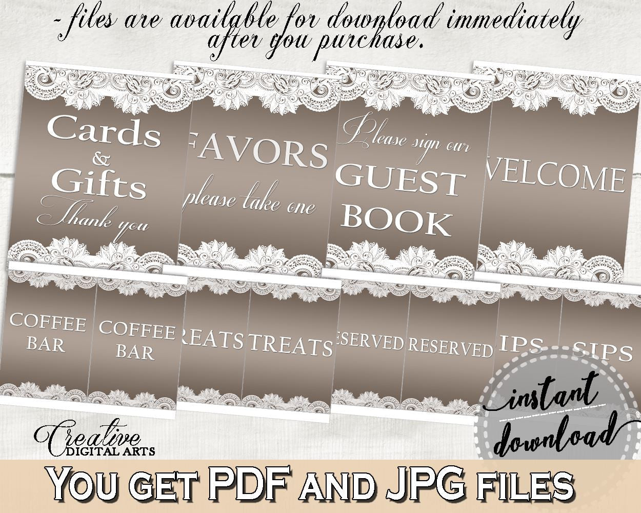 Table Signs Bundle in Traditional Lace Bridal Shower Brown And Silver Theme, table signs pack, silver lace theme, digital print - Z2DRE - Digital Product