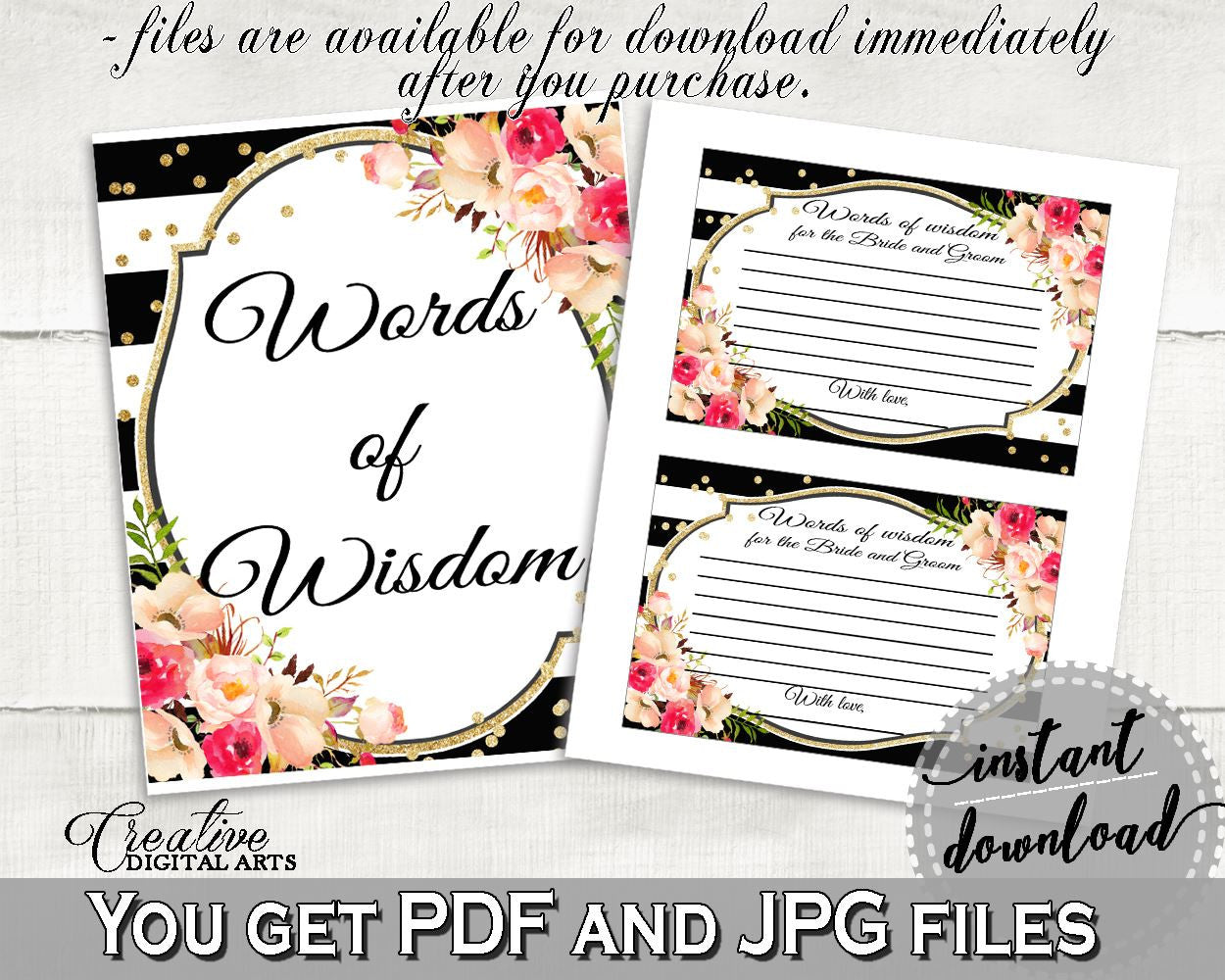 Flower Bouquet Black Stripes Bridal Shower Words Of Wisdom For The Bride And Groom in Black And Gold, advice for newlyweds, prints - QMK20 - Digital Product