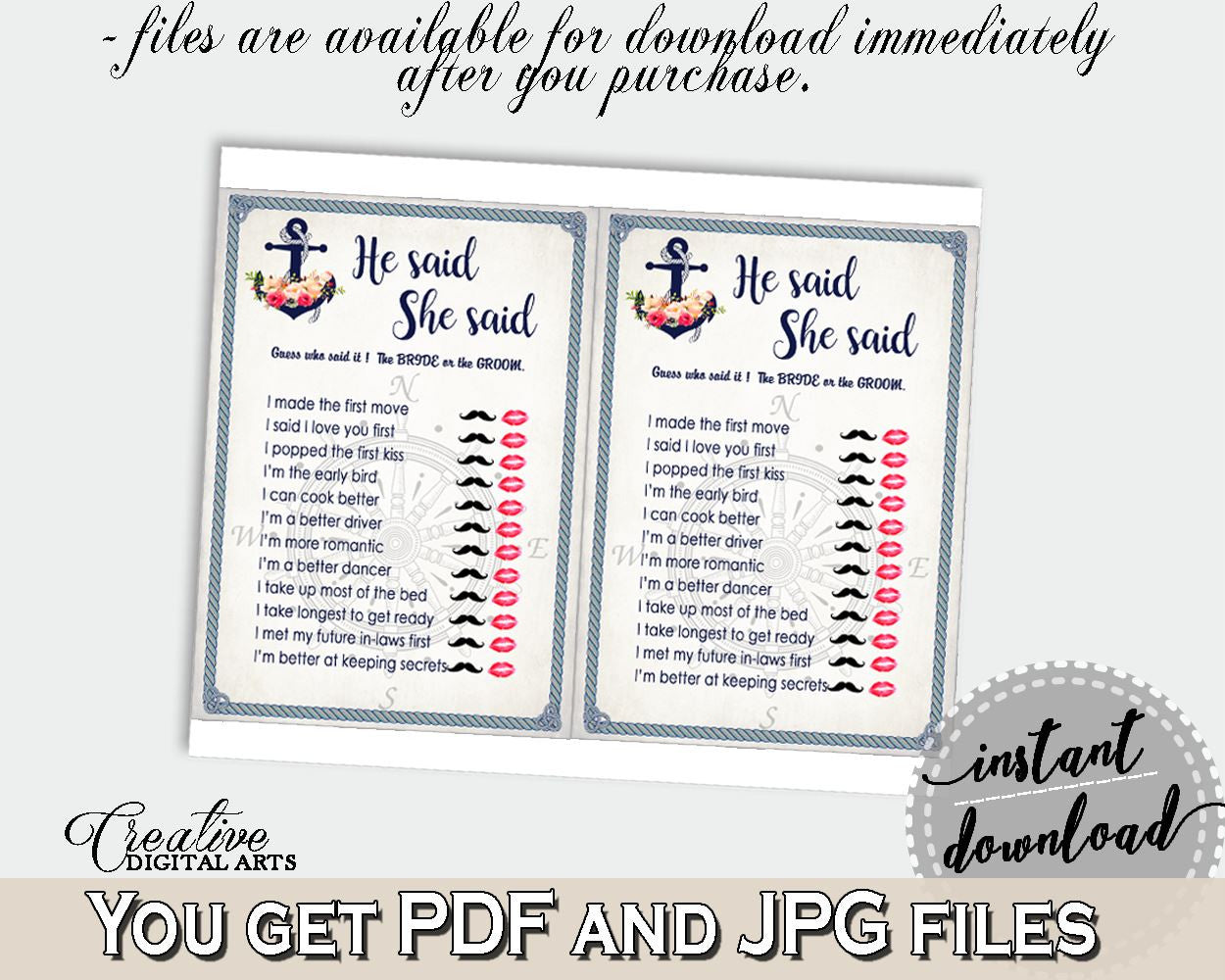 Nautical Anchor Flowers Bridal Shower He Said She Said Game in Navy Blue, she said game, maritime shower, party décor, party ideas - 87BSZ - Digital Product