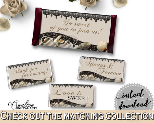 Hershey Mini And Standard Wrappers in Seashells And Pearls Bridal Shower Brown And Beige Theme, decoration wraps, shower activity - 65924 - Digital Product