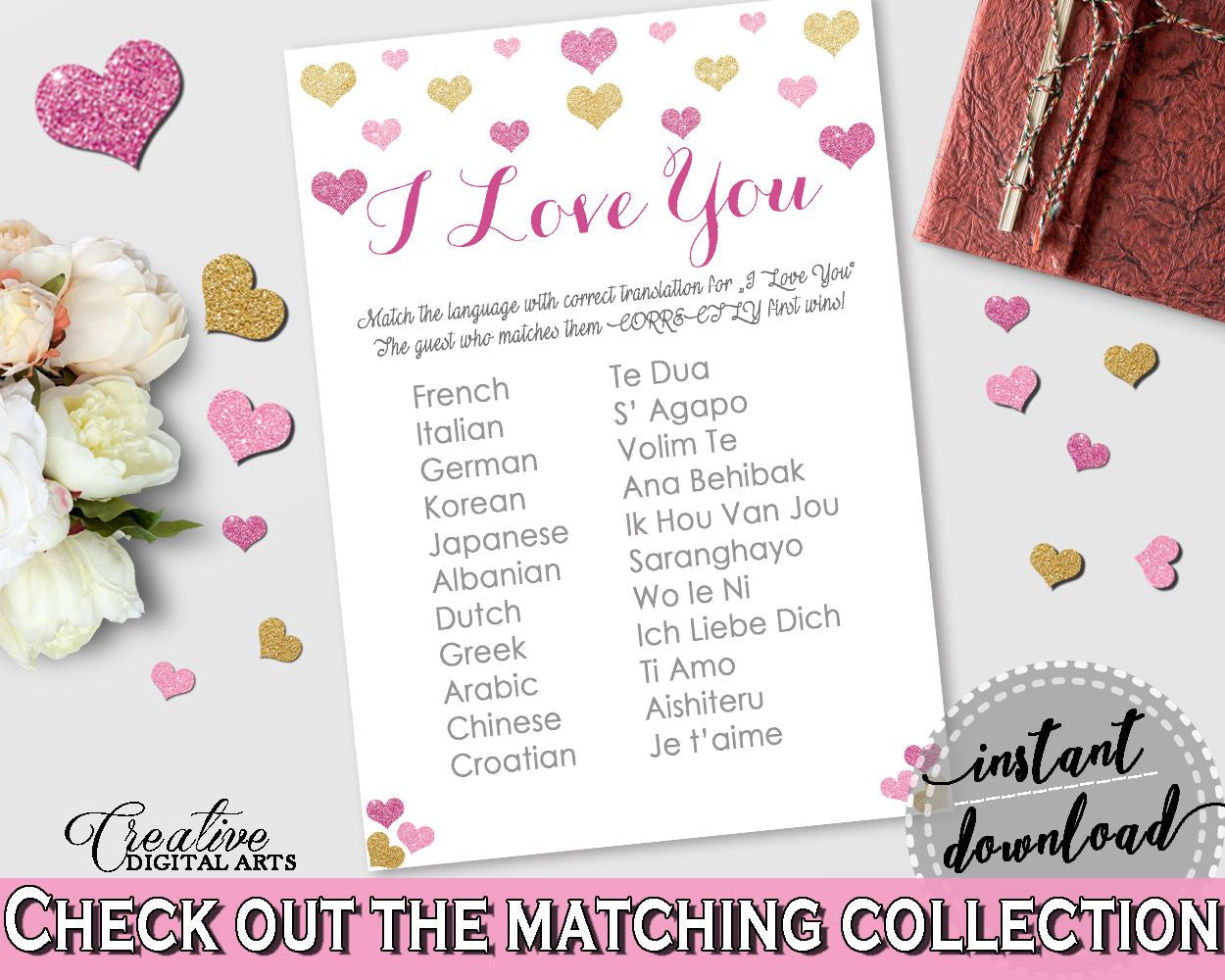 Gold And Pink Glitter Hearts Bridal Shower Theme: I Love You Game - multilingual game,  affection shower, shower activity, prints - WEE0X - Digital Product