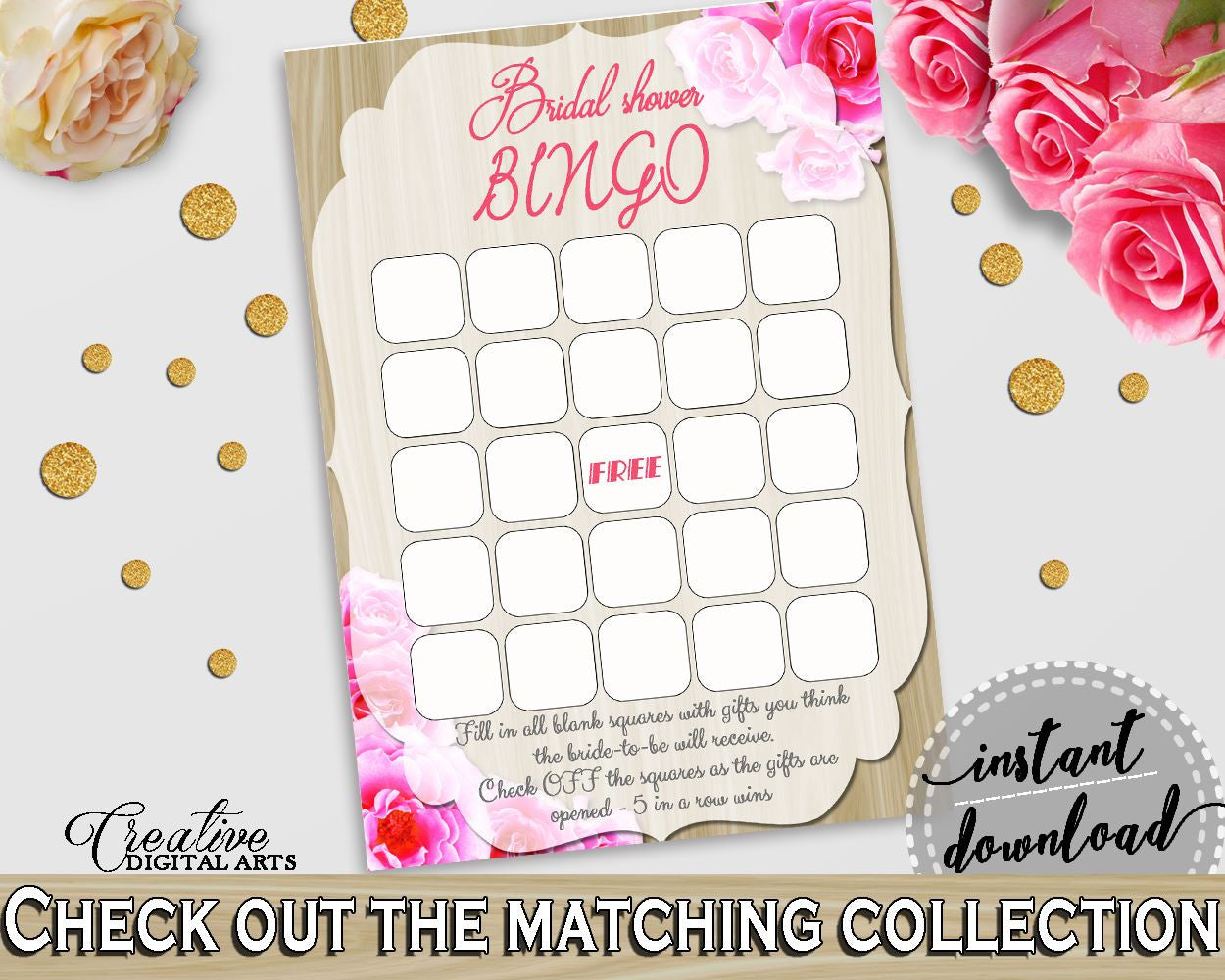 Bingo Gift Game in Roses On Wood Bridal Shower Pink And Beige Theme, guessing game, wedding shower, party décor, party ideas, prints - B9MAI - Digital Product