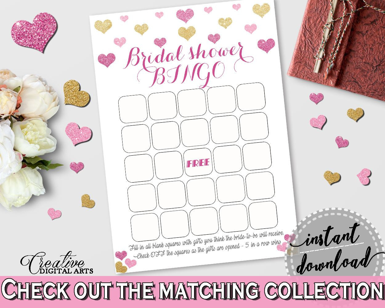 Glitter Hearts Bridal Shower Bingo Gift Game in Gold And Pink, blank bingo card,  valentine theme, party organizing, party plan - WEE0X - Digital Product