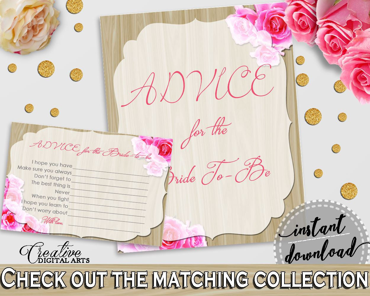 Pink And Beige Roses On Wood Bridal Shower Theme: Advice For The Bride To Be - word to the wise, trending shower, printable files - B9MAI - Digital Product