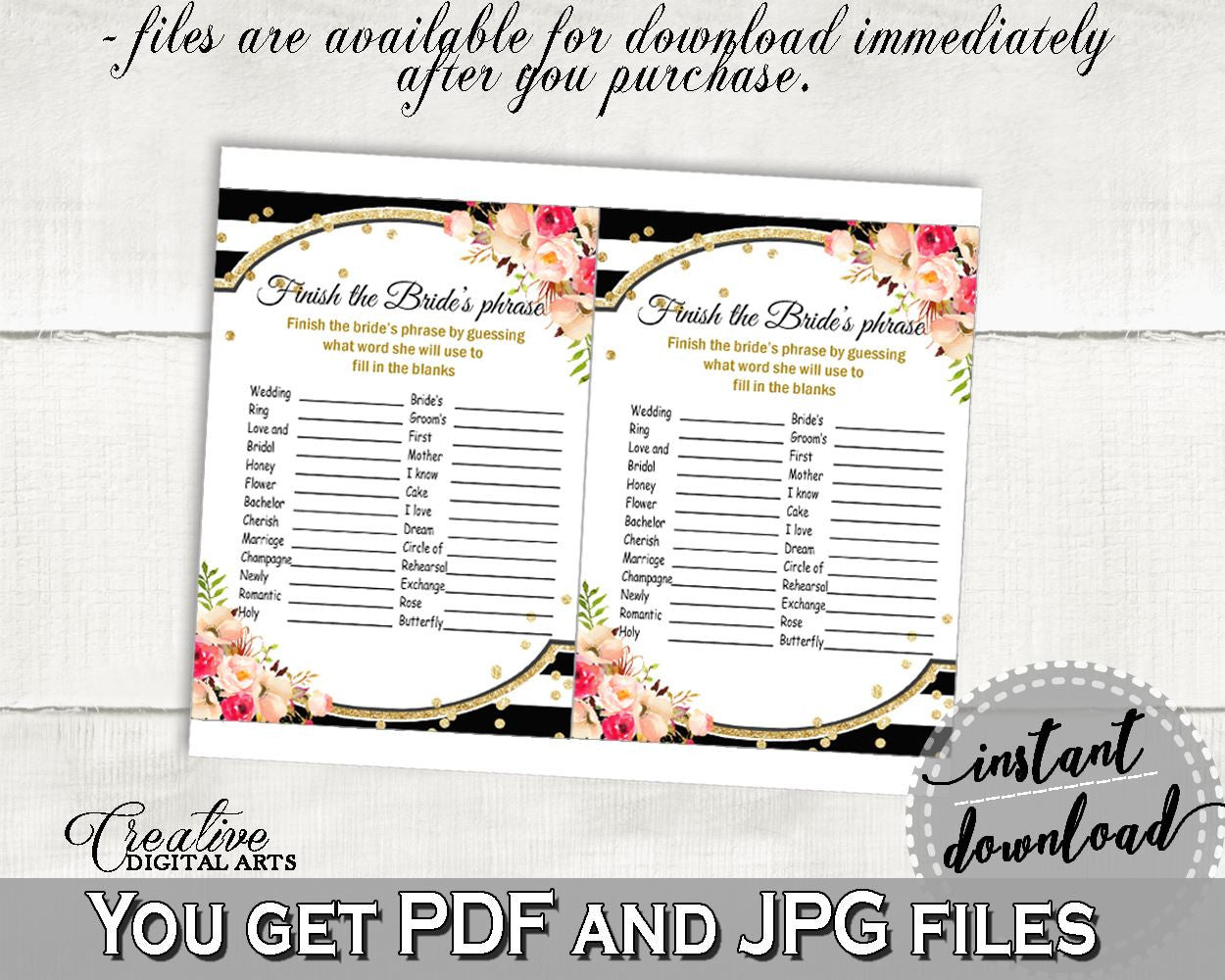 Flower Bouquet Black Stripes Bridal Shower Finish The Bride's Phrase Game in Black And Gold, finish the phrase, bridal shower idea - QMK20 - Digital Product