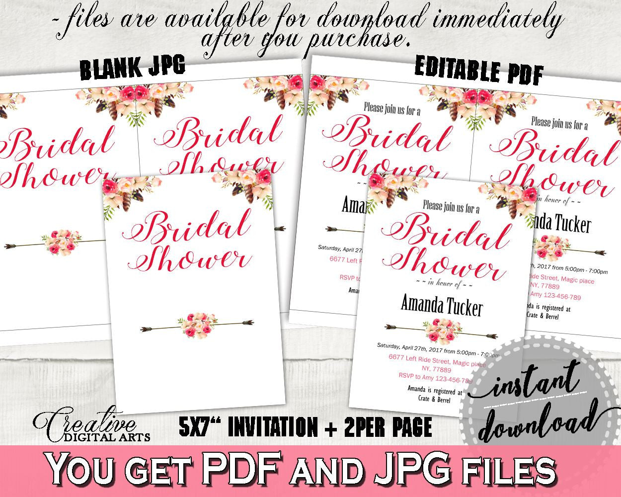 Editable Bridal Shower Invitation in Bohemian Flowers Bridal Shower Pink And Red Theme, bridal editable, printable files, prints - 06D7T - Digital Product