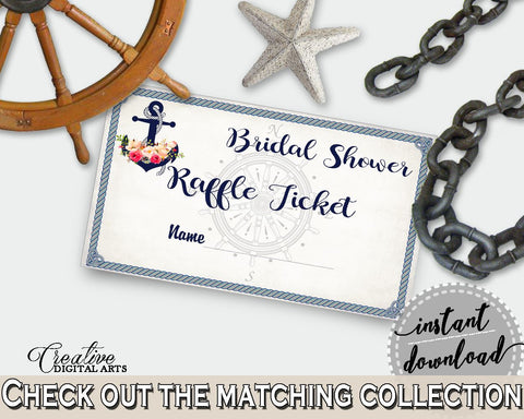 Raffle Ticket in Nautical Anchor Flowers Bridal Shower Navy Blue Theme, insert ticket, knot shower, party supplies, party décor - 87BSZ - Digital Product