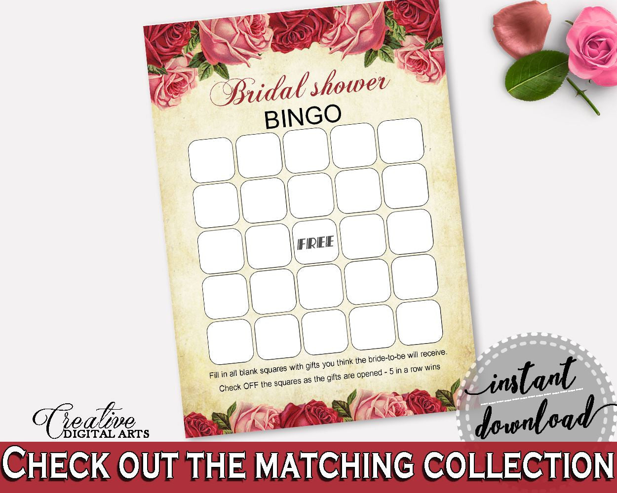 Empty Bingo Bridal Shower Empty Bingo Vintage Bridal Shower Empty Bingo Bridal Shower Vintage Empty Bingo Red Pink party planning, pdf XBJK2 - Digital Product