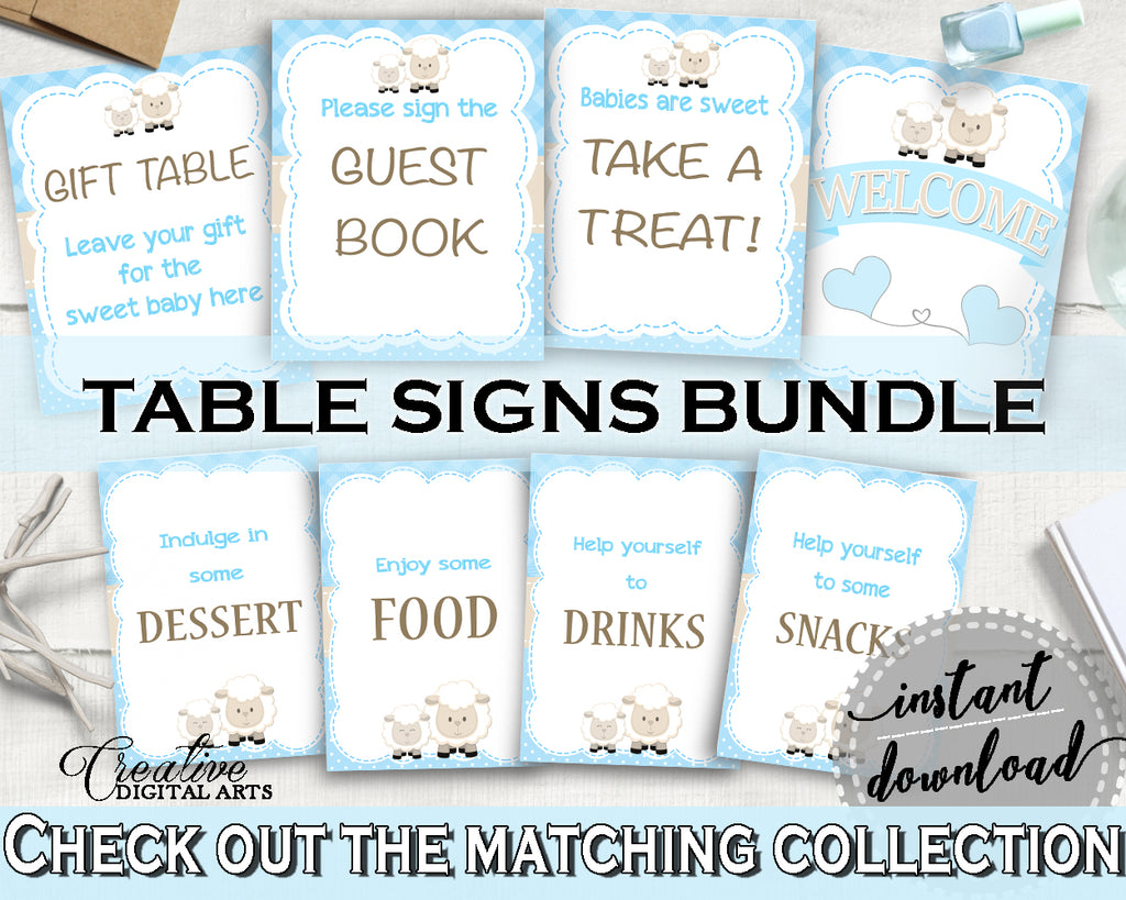 Baby Shower Little Lamb TABLE SIGNS Boy printable blue theme, sheep table signs pack set, digital files, Jpg Pdf, instant download - fa001
