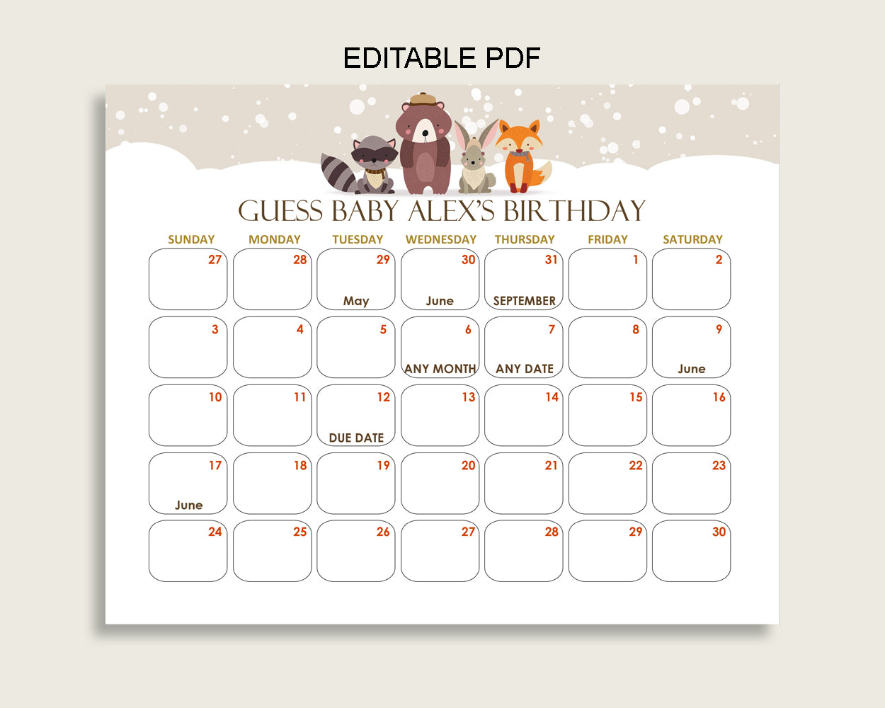 Beige Brown Guess Baby Due Date Calendar Game Printable, Winter Woodland Baby Shower Gender Neutral Birthday Prediction Calendar RM4SN