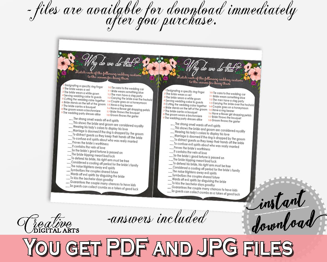 Chalkboard Flowers Bridal Shower Why Do We Do That in Black And Pink, reason game, chalkboard floral, party organization, party plan - RBZRX - Digital Product