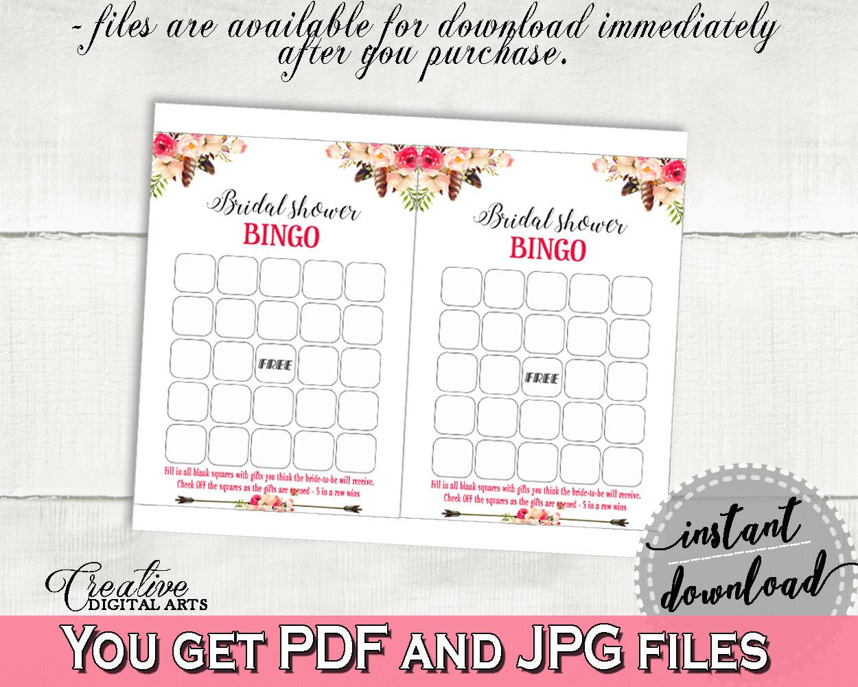 Pink And Red Bohemian Flowers Bridal Shower Theme: Bingo Gift Game - gift opening game, best seller, party stuff, party decorations - 06D7T - Digital Product