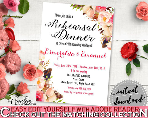 Pink And Red Bohemian Flowers Bridal Shower Theme: Rehearsal Dinner Invitation Editable - editable shower, shower celebration - 06D7T - Digital Product