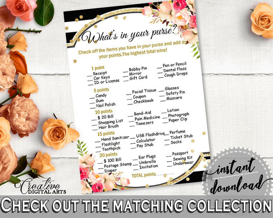 Flower Bouquet Black Stripes Bridal Shower What's In Your Purse Game in Black And Gold, whats in purse, classy bride, party décor - QMK20 - Digital Product