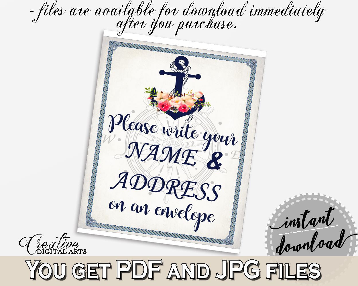 Navy Blue Nautical Anchor Flowers Bridal Shower Theme: Write Your Name And Address Sign - envelope station, digital print, prints - 87BSZ - Digital Product