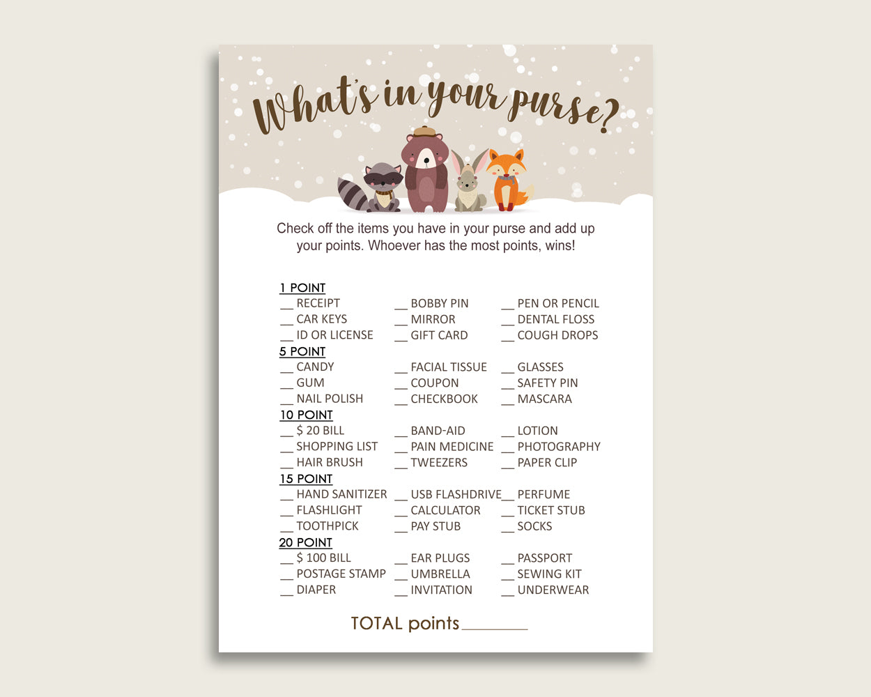 Winter Woodland What's In Your Purse Game Printable, Beige Brown Whats In Your Purse, Gender Neutral Baby Shower Purse Game, Instant RM4SN