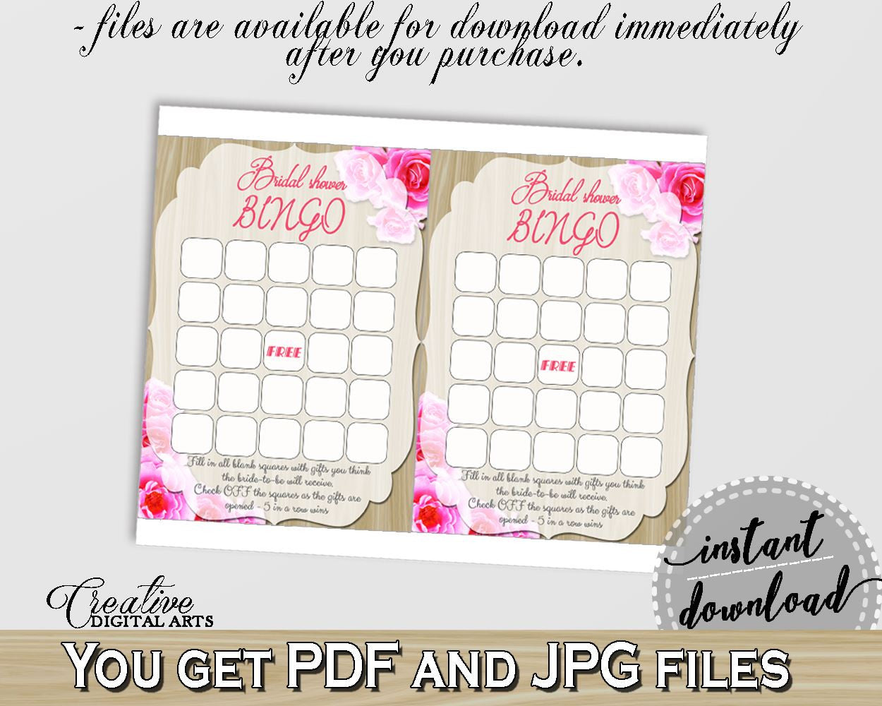 Bingo Gift Game in Roses On Wood Bridal Shower Pink And Beige Theme, guessing game, wedding shower, party décor, party ideas, prints - B9MAI - Digital Product